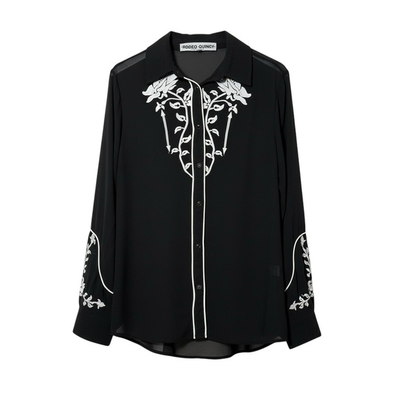 Rodeo Quincy Tops - Rodeo Quincy Black Embroidered Button-Up Blouse